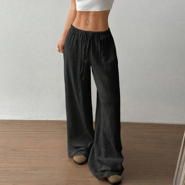 Plus Size Women's Solid Color High Waisted Wide Leg Pants Drawstring Waist Casual Trousers For Spring And Autumn Black - Shop at LoveMi