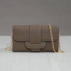 Cowhide Lychee Pattern Shoulder Bag Clutch Diagonal Simple Fashion - Grey - View 1