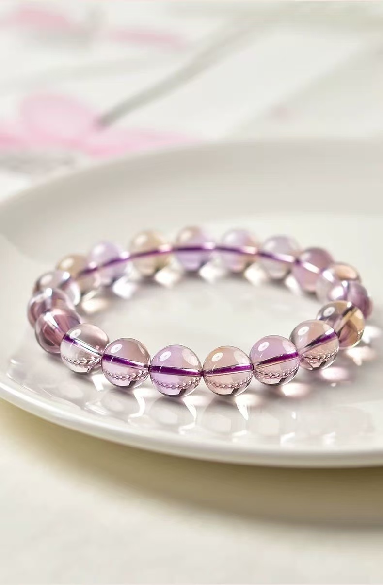 Natural Ametrine Bracelet Two Tone Round Beaded Chain Energy Jewelry For Women