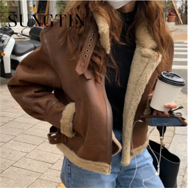 Fashionable Big Lapel Zipper Design Fur One Thickening Warm Motorcycle Short Coat Women - Shop at LoveMi