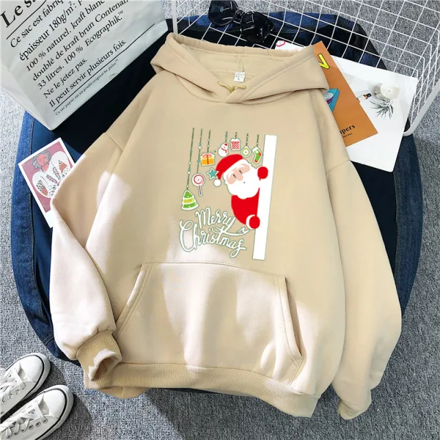 Women's Hooded Sweater Sweater With Christmas Print Pullover Apricot - Shop at LoveMi