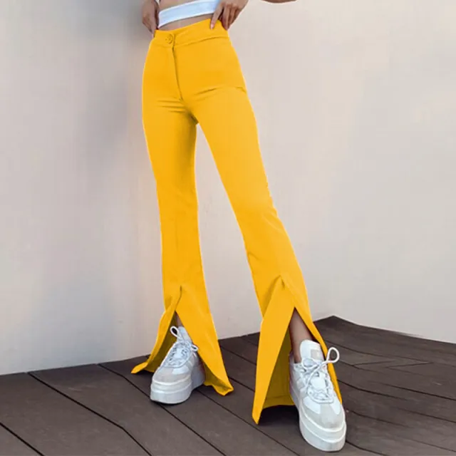 European And Beautiful Women's High end Women's Clothing Split Solid Color Slim fit Micro cut Casual Pants Trousers Yellow - Shop at LoveMi