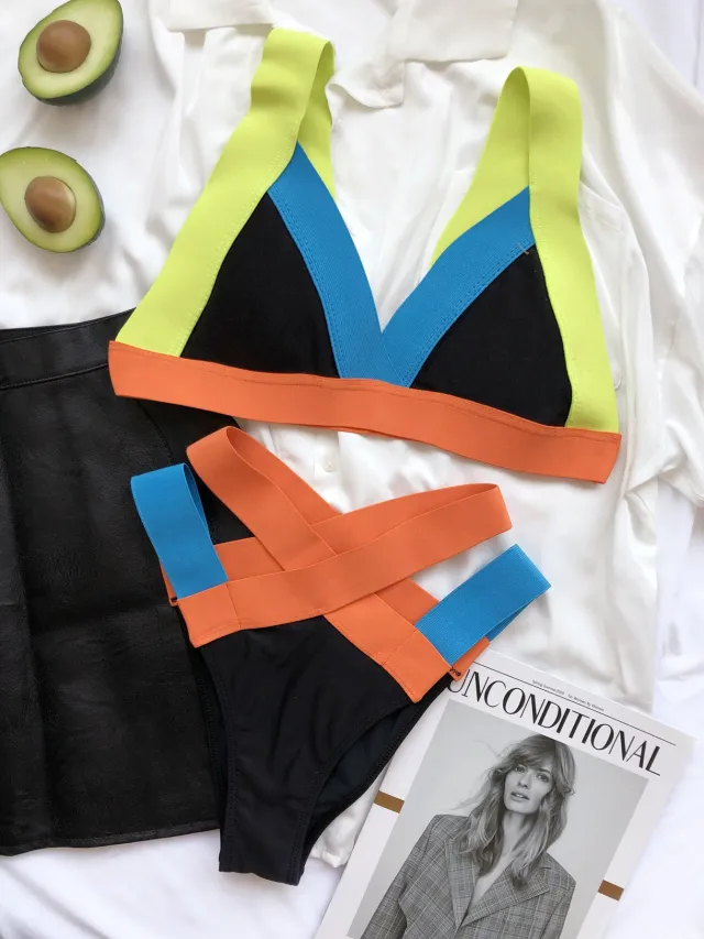 Ladies Colorful Bandage Bikini Triangle Bag Swimsuit Black - Shop at LoveMi