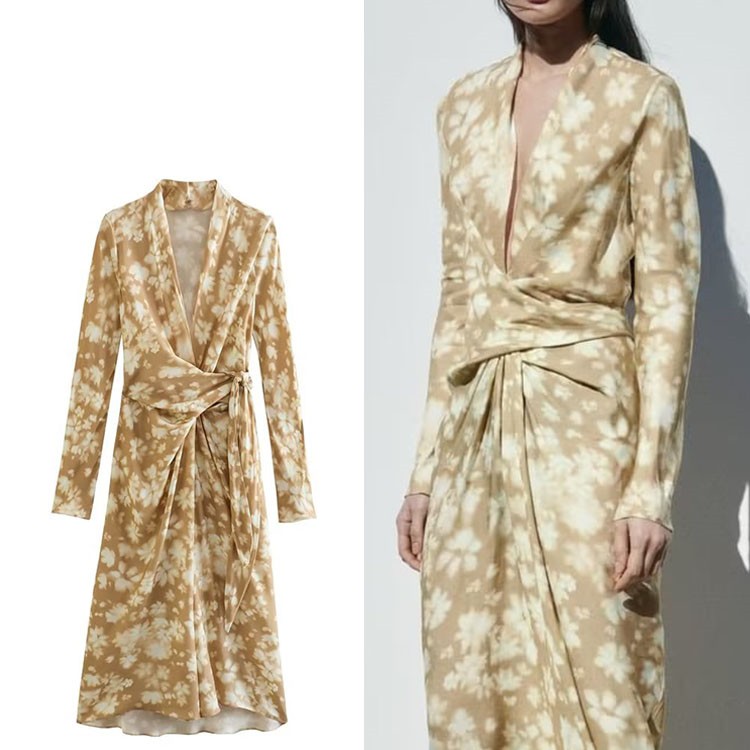 Women's Printed V-neck Pleated Lace Up Long Sleeved Dress