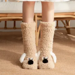 Cute Cartoon Dog Floor Socks Winter Warm Non-slip Plush Socks For Women - Light Coffee Dog - View 1