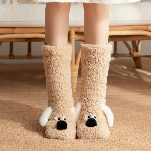 Cute Cartoon Dog Floor Socks Winter Warm Non slip Plush Socks For Women Light Coffee Dog - Shop at LoveMi