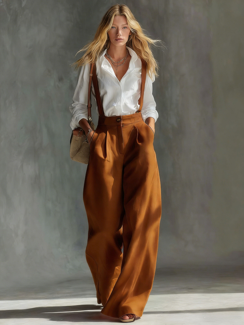 Versatile Solid-color Wide-leg Trousers Suspender Pants