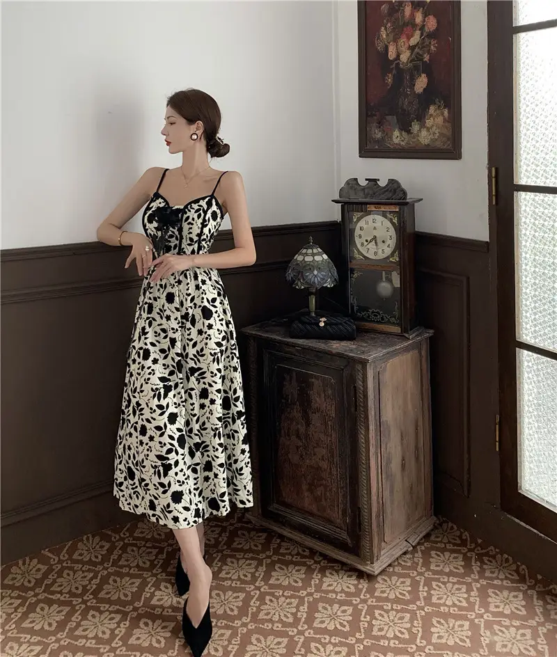 New Style Sling Floral Long Skirt Hepburn Style