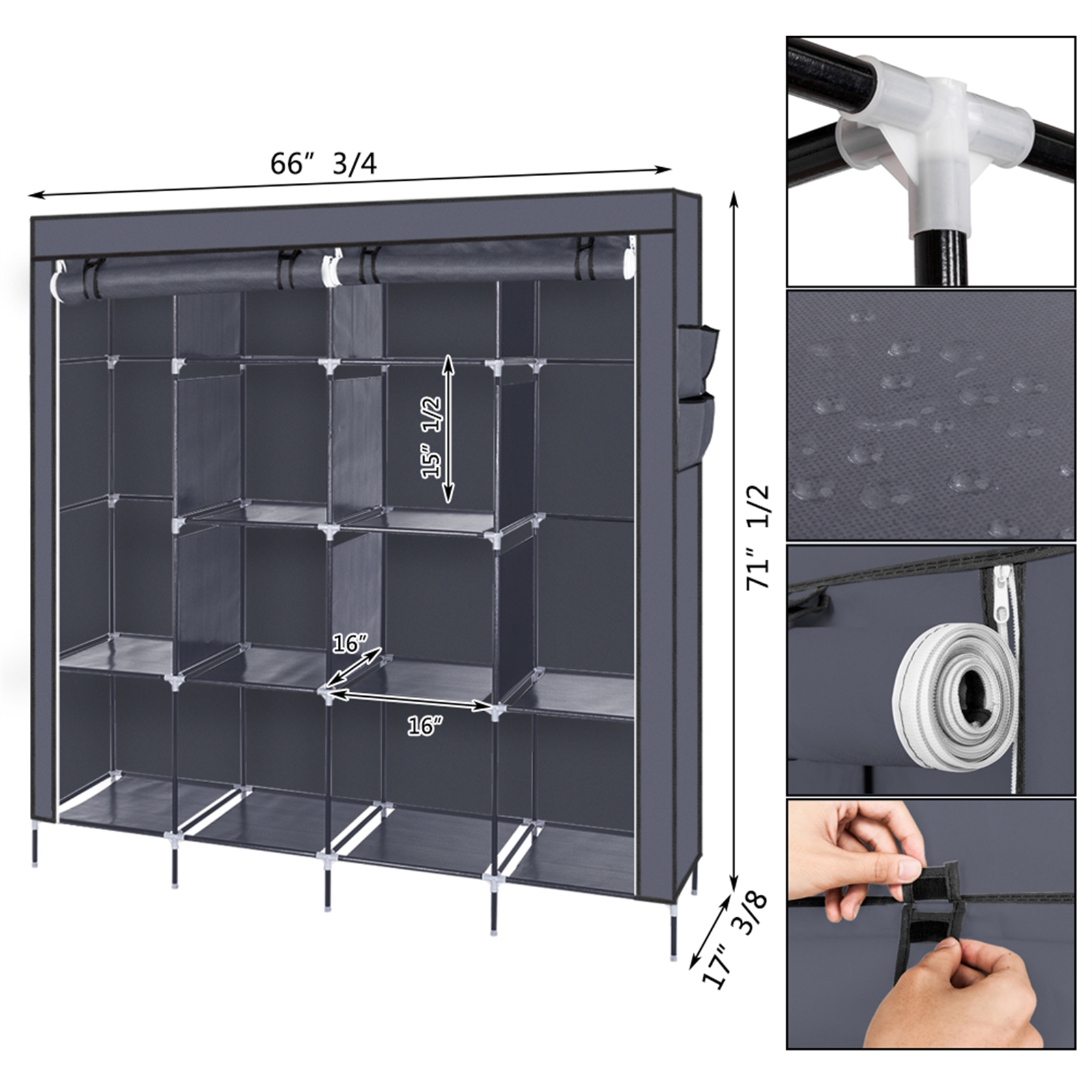 67 Inch Clothes Closet Portable Wardrobe Clothes Storage Rack 12 Shelves 4 Side Pockets Gray