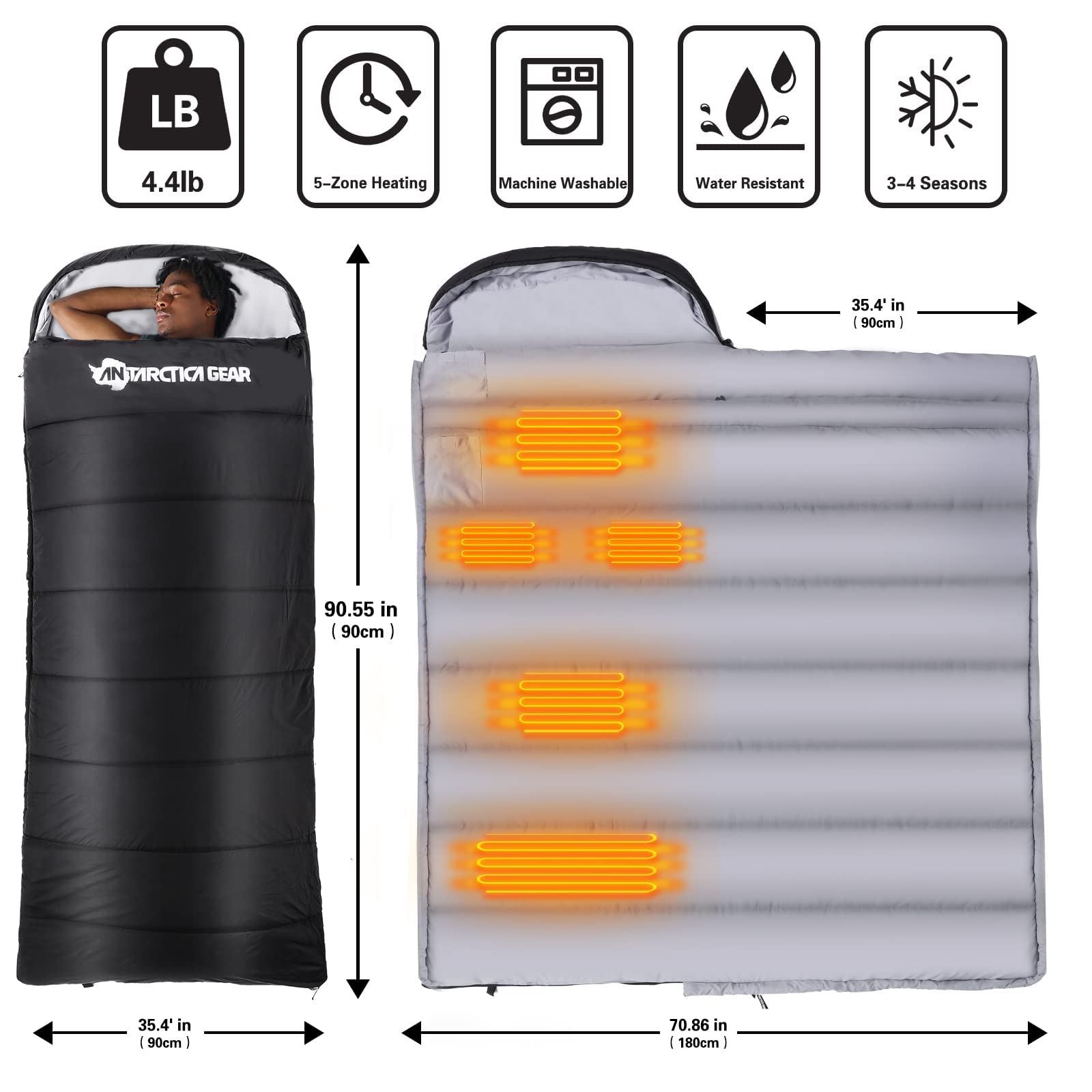 heated sleeping bag with adjustable heat levels nylon lightweight and roomy 75x3ft large size which can fit a person up to 68 feet tall with cozy brushed pongee lining and an anti-snag durable zipper the antarctica gear will keep you warm all season long 