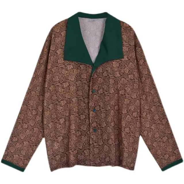 Women's Retro Contrasting Lapel Long Sleeved Floral Shirt Orange Against Green - Shop at LoveMi