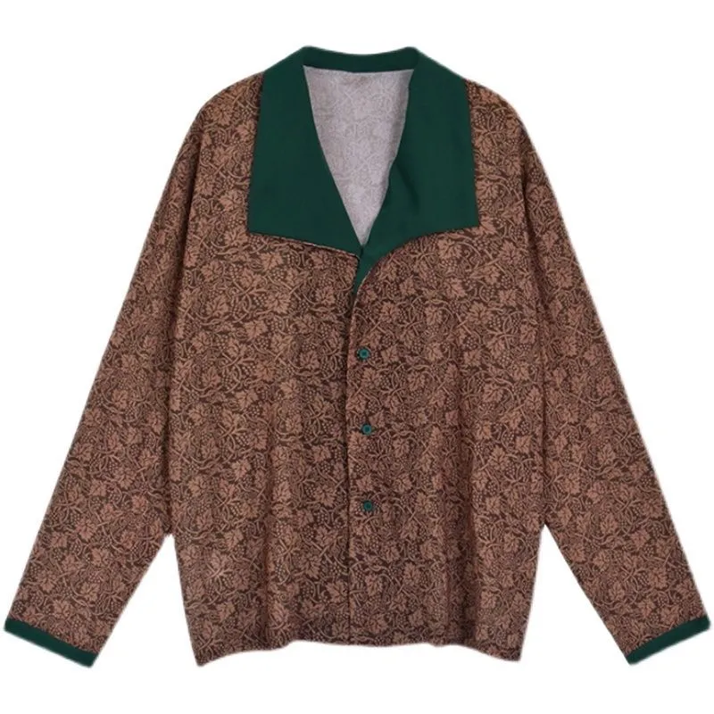 Women's Retro Contrasting Lapel Long Sleeved Floral Shirt - Orange