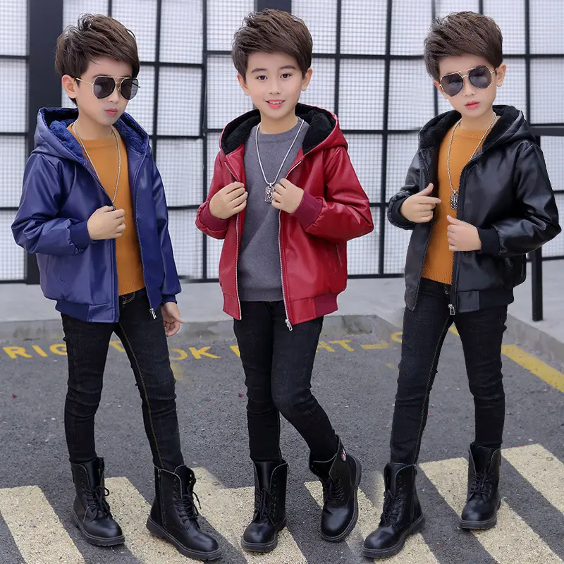 PU Leather Jacket Children's Wear Hooded Padded