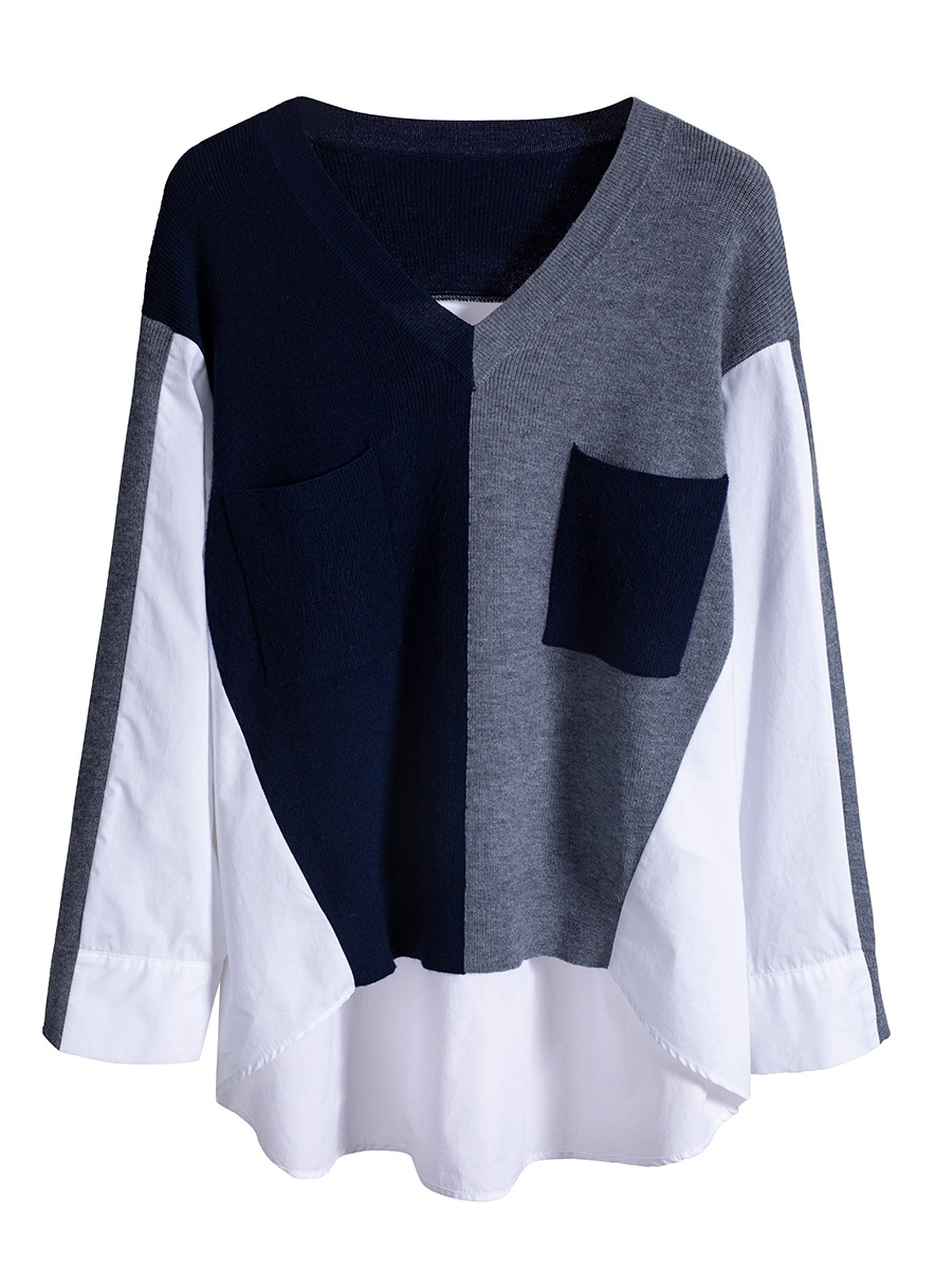 Women's Retro Contrast Color V-neck Knitted Stitching Pocket Shirt