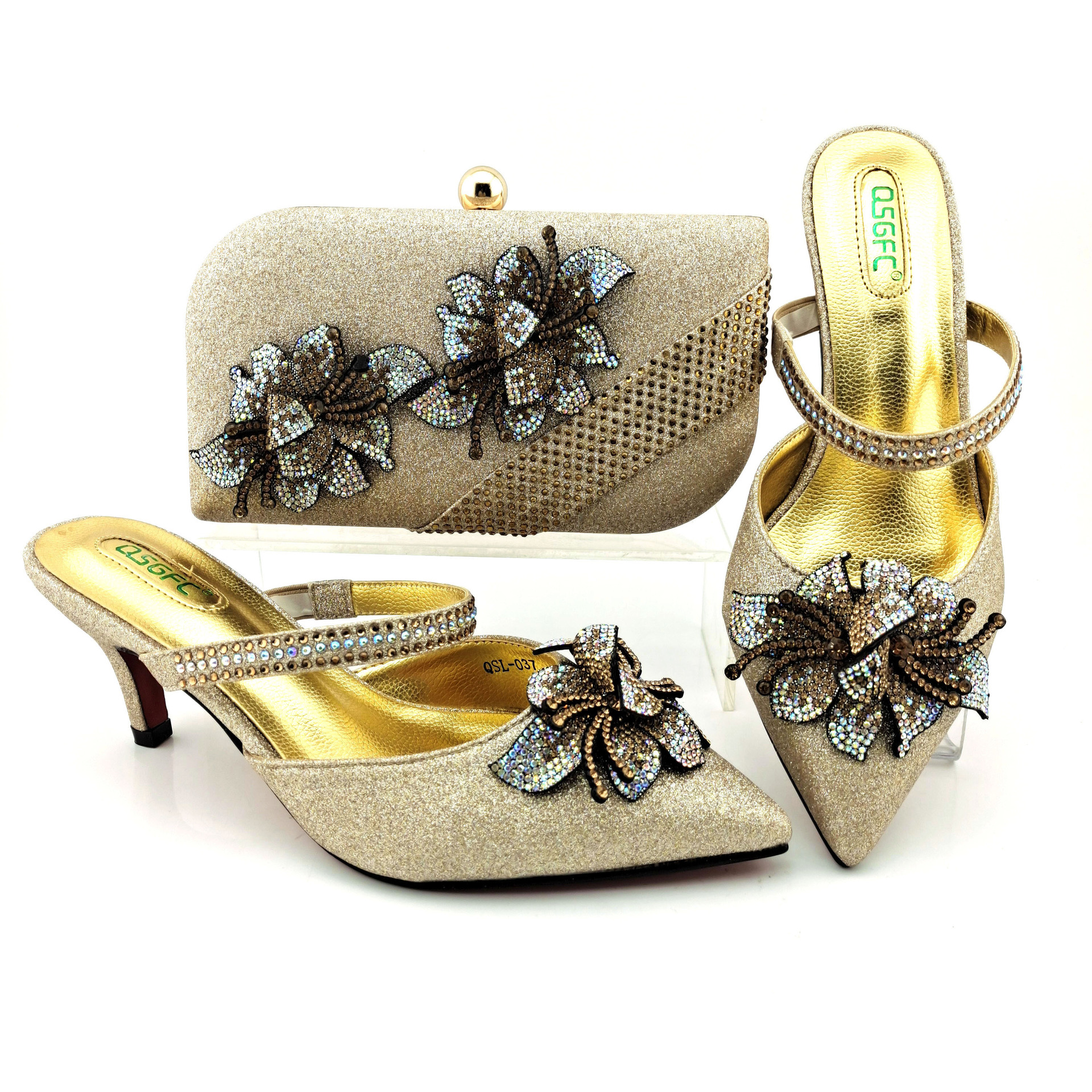 One Word Strap Sandals With Handbag Dinner Bag Pointed High Heels Champagne 40 - Shop at LoveMi