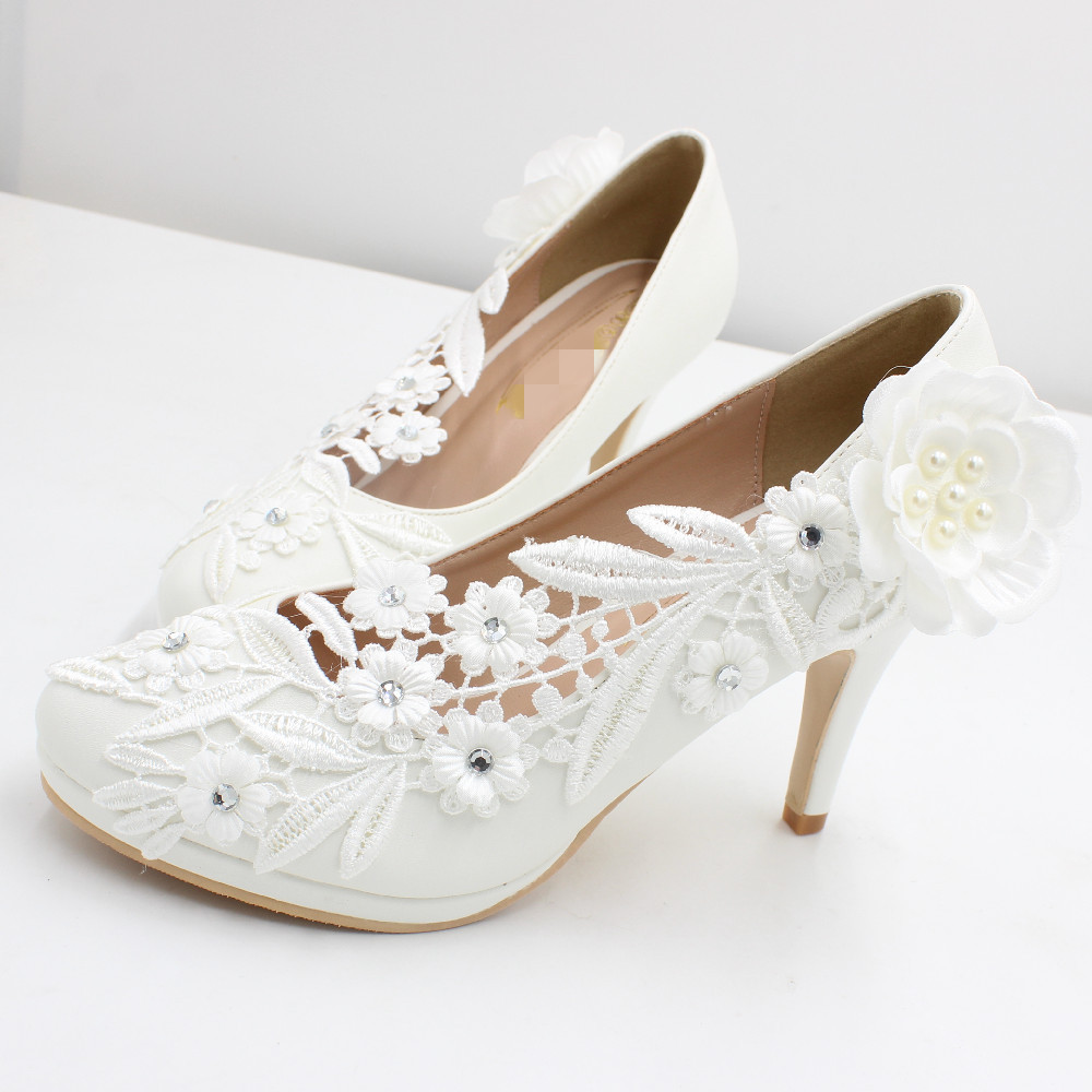White Matte Lace Flower Wedding Stiletto Heels