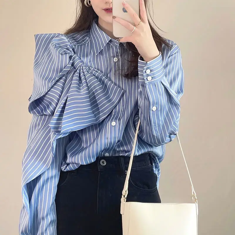 Casual Blue Striped Shirts for Women Lapel Long Sleeve