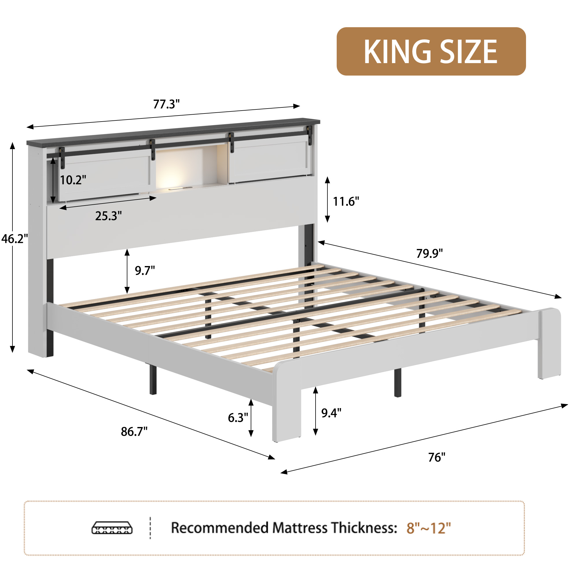 King Metal Bed Frame With Charging Station, No Box Spring, White — foto 3