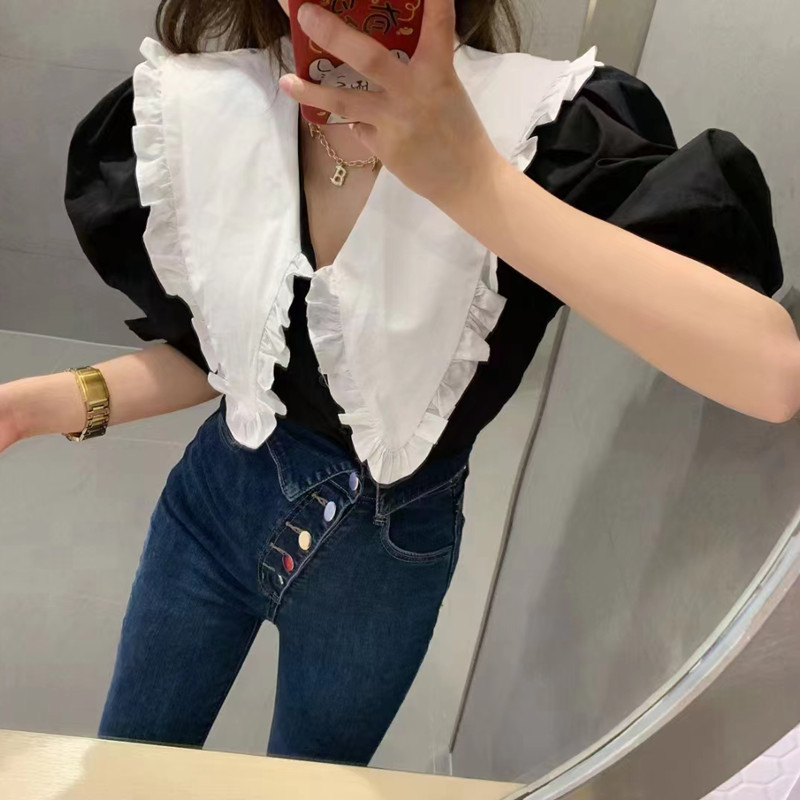 High Collar Temperament Commuter Cotton Pullover Solid Color Short Sleeve Top