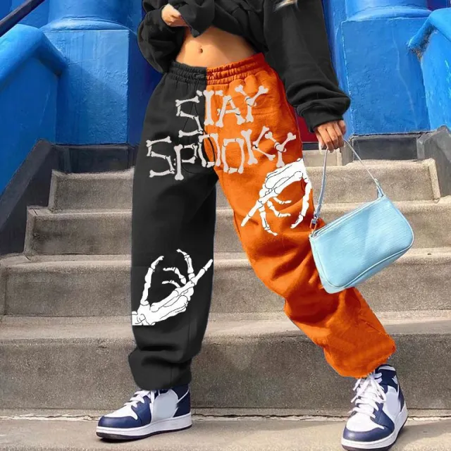Sports Black Orange Print Dress Color Casual Women's Trousers Orange C - Shop at LoveMi