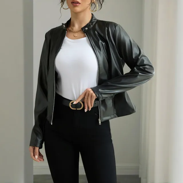 Women's Solid Color Long Sleeve Stand Collar Faux Leather Blazer Single Button Zippered Jacket For Fall&Winter Black - Shop at LoveMi