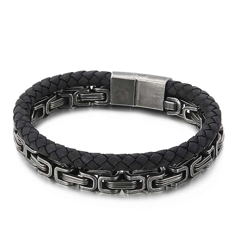 Stainless Steel Imperial Chain Thick Chain Braided Double Leather Bracelet