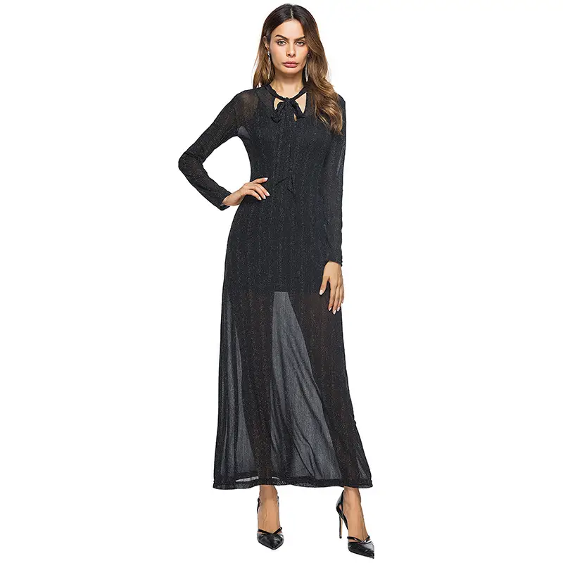 Pure Color Slim Long-Sleeved Bow Tie Two-Piece Long Dress