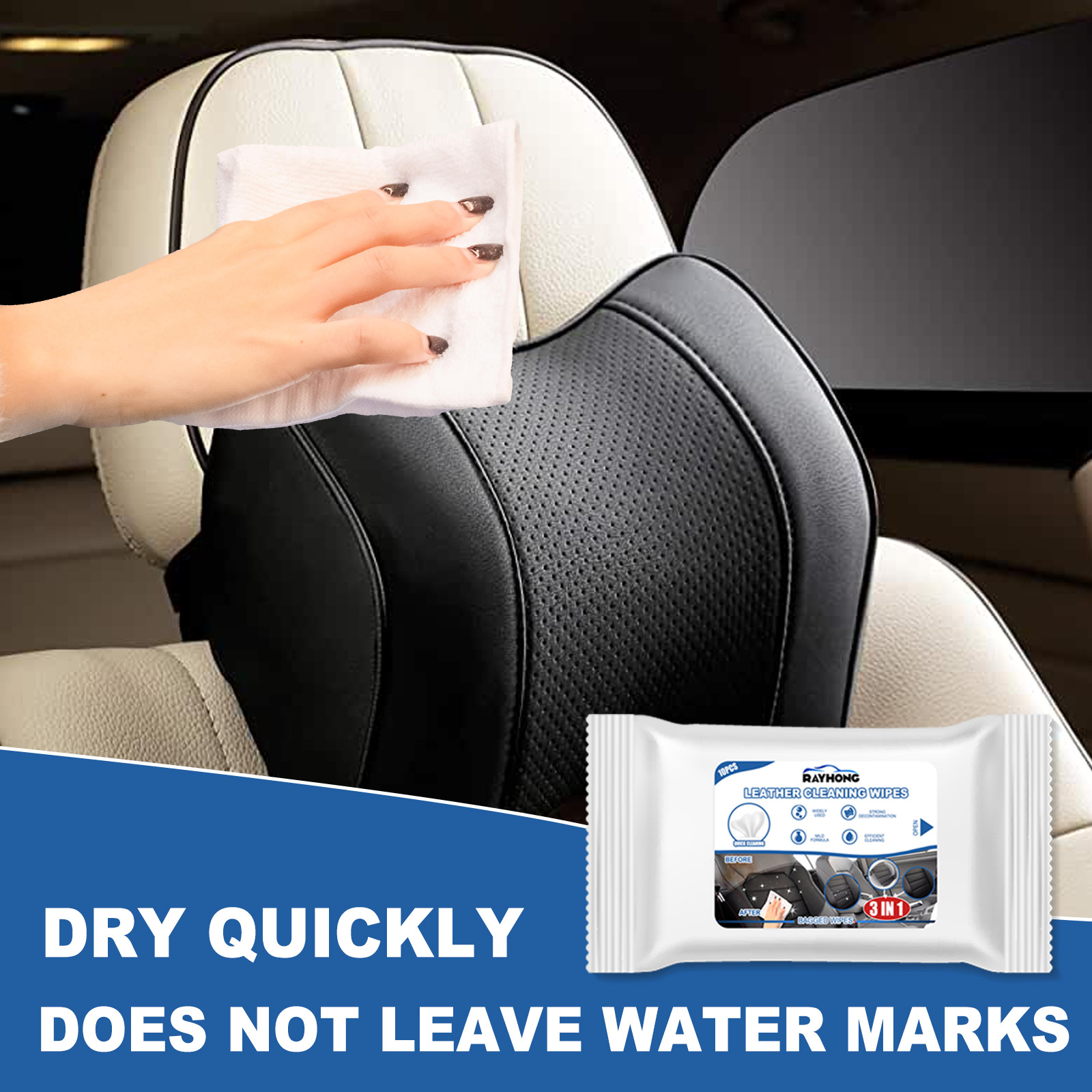 Lingettes nettoyantes sans eau pour cuir voiture (10 pièces) 4