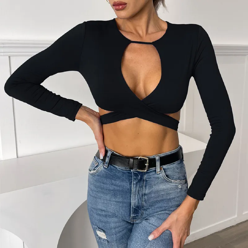 Metal Ring Multi-wear Method Bandage Short Long-sleeved T-shirt Women - Black