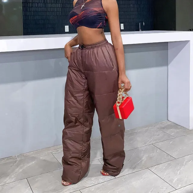 Solid Insulated Padded Drawstring Pocket Trousers Brown - Shop at LoveMi