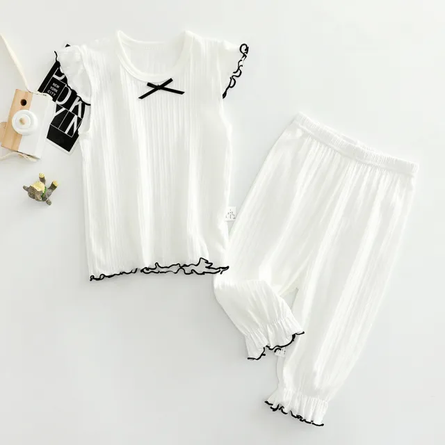 Children's Short sleeved Cropped Trousers Suit Pure Color Baby Girl White - Shop at LoveMi