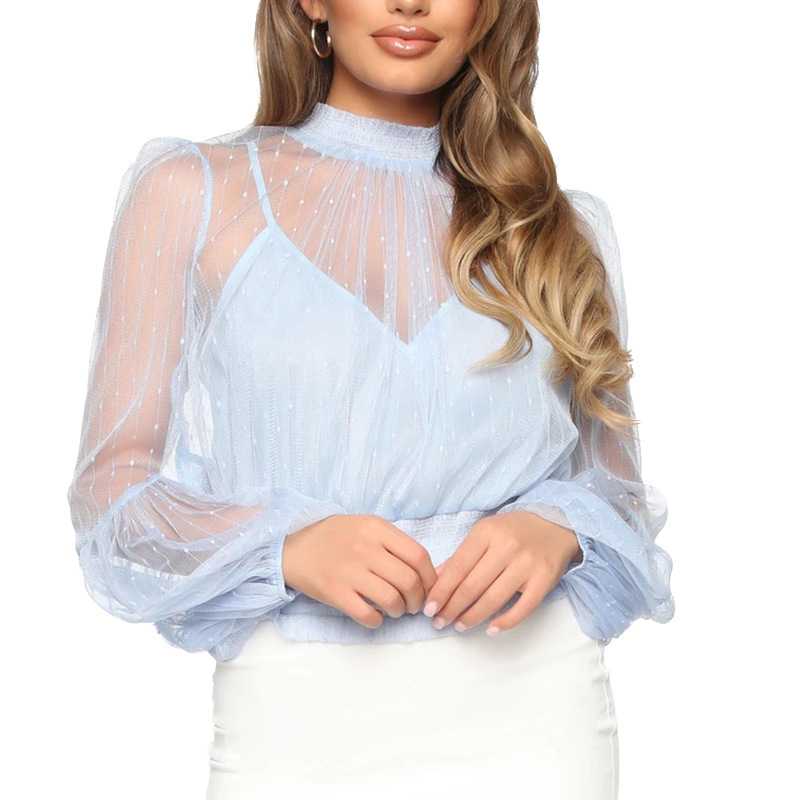 Women's Clothing New See through Mesh Top Chiffon Shirt Blue - Shop at LoveMi