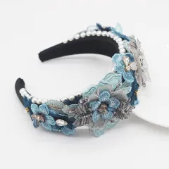 Baroque Sponge Exaggerated Pearl Lace Petal Diamond Crystal Geometry Ladies Prom - Blue - View 1