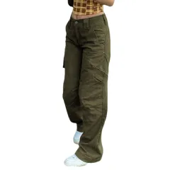 Street Casual Women's Hip Hop Trend Straight Cargo Pants - Green - View 1