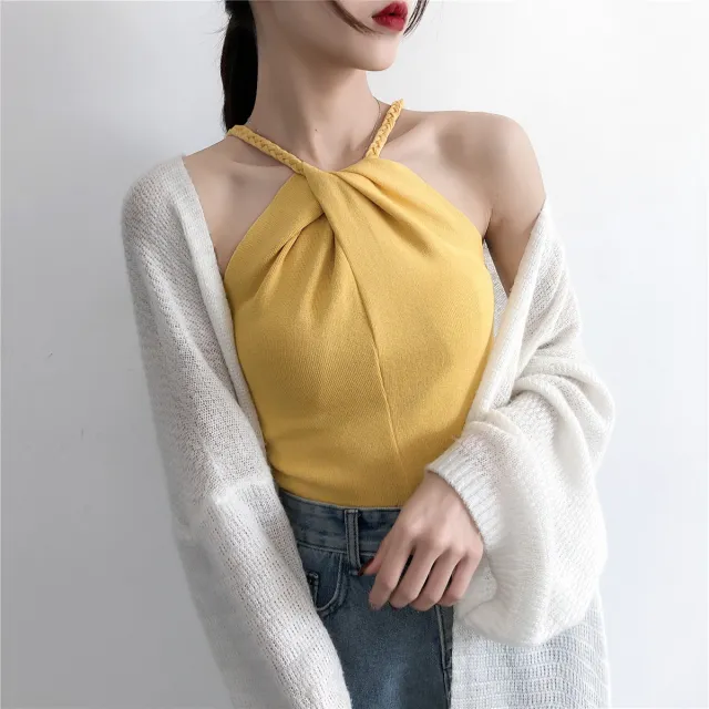 Off the shoulder Knitted Camisole Women's New Sexy Outer Wear Yellow - Shop at LoveMi