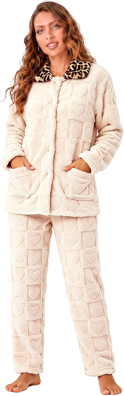 RONGTAI Leopard Button Down Pajama Set Long Sleeve Plush Fleece PJs — image 6