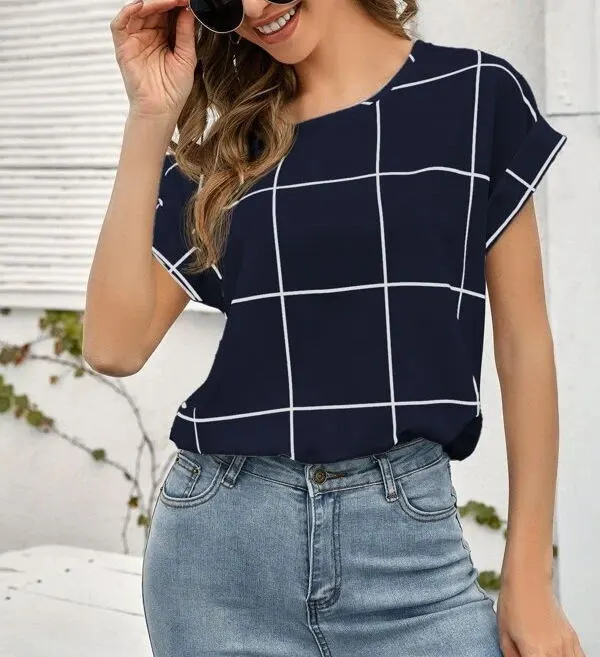 Check Print Drop Shoulder Short Sleeve Shirt Top Navy - Shop at LoveMi