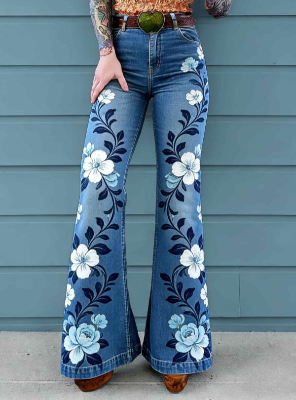 Vintage Rose Embroidered Flared Jeans