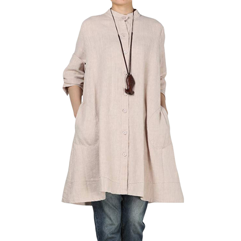 Single-breasted Stand Collar Long-sleeved Cotton And Linen Coat Dress