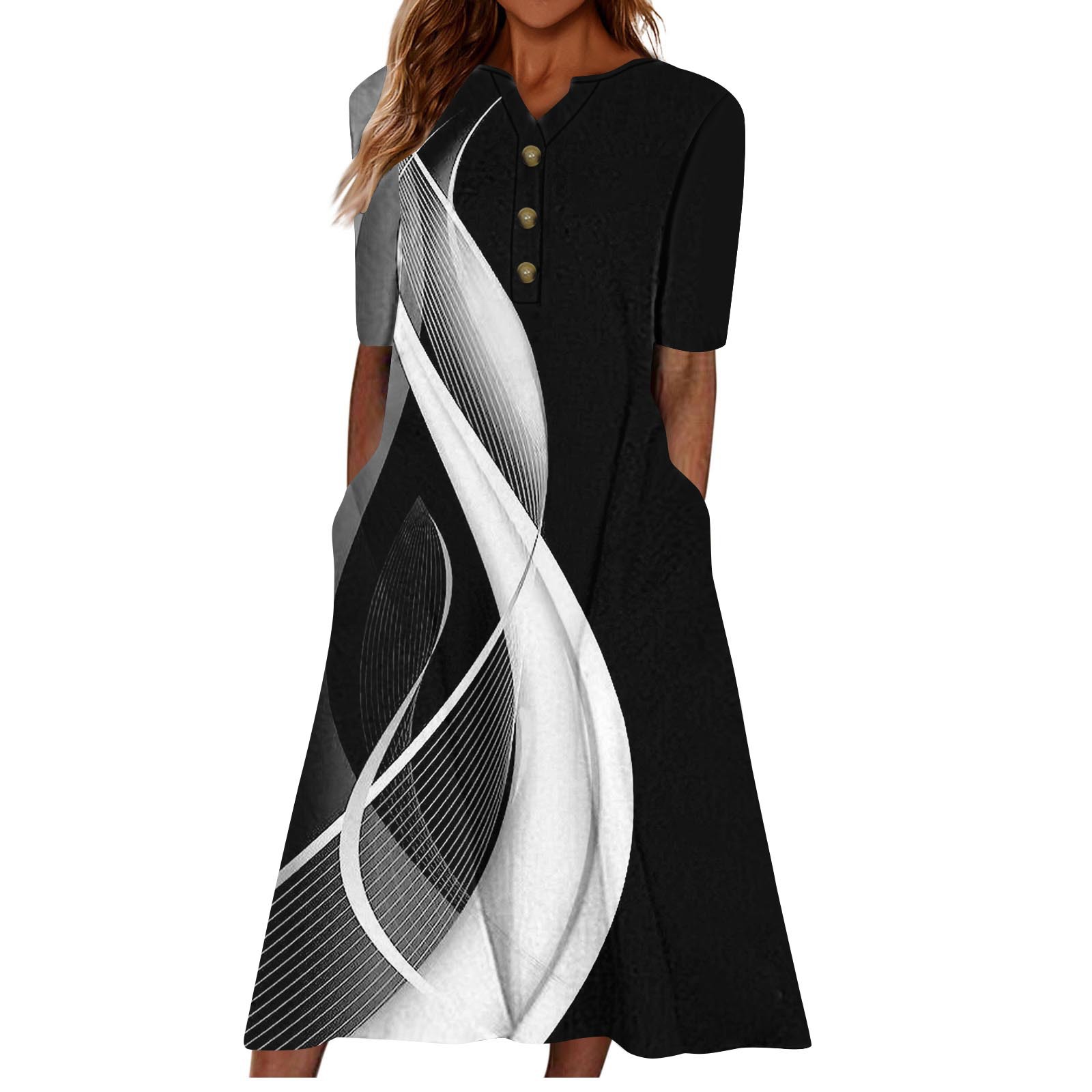 Damen Sommer Freizeit Kurzarm Lange Midi Uni Kleider mit Taschen - Bild 11 von 13