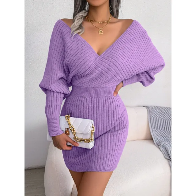 Autumn Winter Sexy Cross V neck Bat Skirt With Hip Wrapping, Hairy Dress Purple - Shop at LoveMi