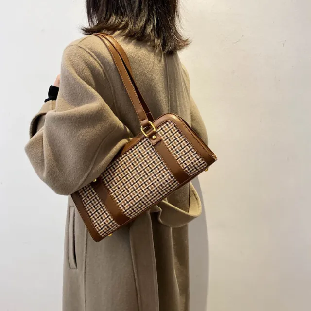 Fashion Women's Simple Houndstooth One shoulder Armpit Bag Coffee - Shop at LoveMi