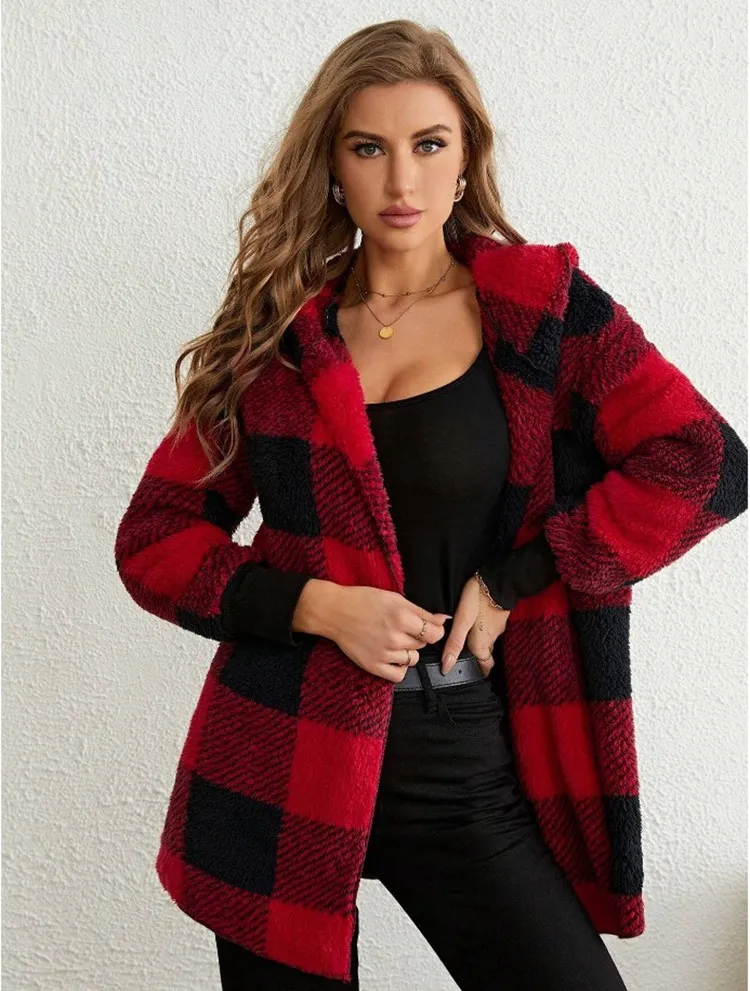Loose Plaid Wool Cardigan - Red