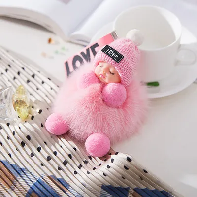 Fox Fur Fur Pendant Sleeping Baby Backpack Fur Pendant Jewelry Key Bag Bag Pendant Pink - Shop at LoveMi