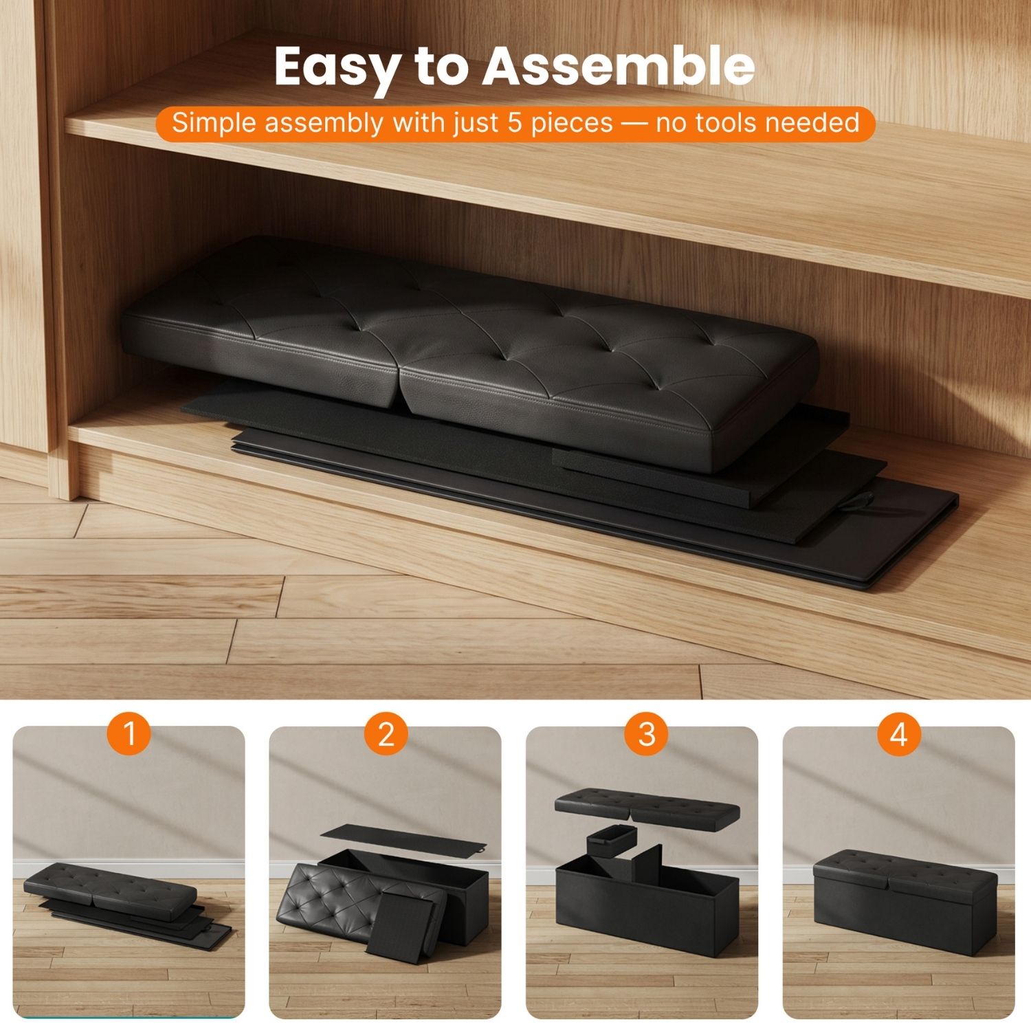 Folding Storage Ottoman, Compact Flip-Top Ottoman With Divider, Padded PVC Seat, Space-Saving Footrest Stool For Bedroom, Entryway, Living Room image 12