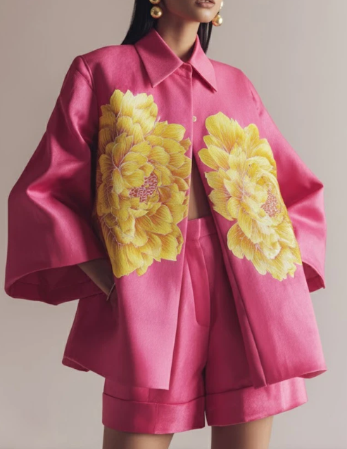 Luxury Floral Print Satin Jacket & Shorts Set