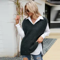 Casual Tank Top Mid Length Sleeveless V-Neck Knit Loose Sweater - Black - View 1
