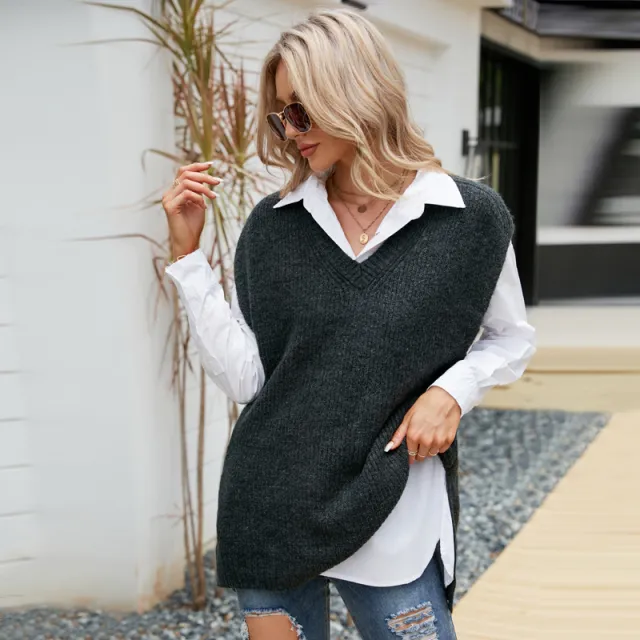 Casual Tank Top Mid Length Sleeveless V Neck Knit Loose Sweater Black - Shop at LoveMi