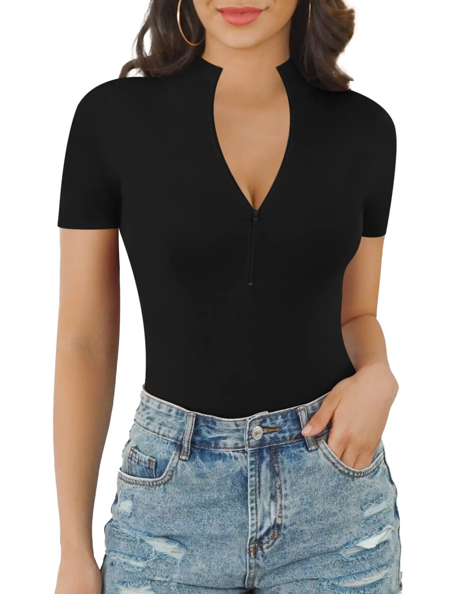 Short Sleeve Zipper Fashion Solid Color Belly Contracting