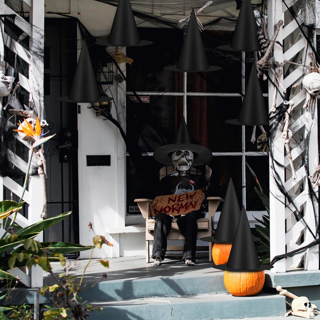 12 PCS Halloween Witch Hats, Black Hanging Witch Hats Porch Yard Decor — foto 3